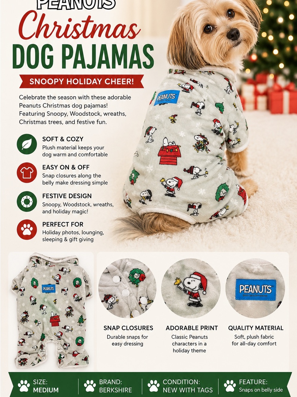 Berkshire Gray Peanuts Snoopy Holiday Dog Pajama Set
